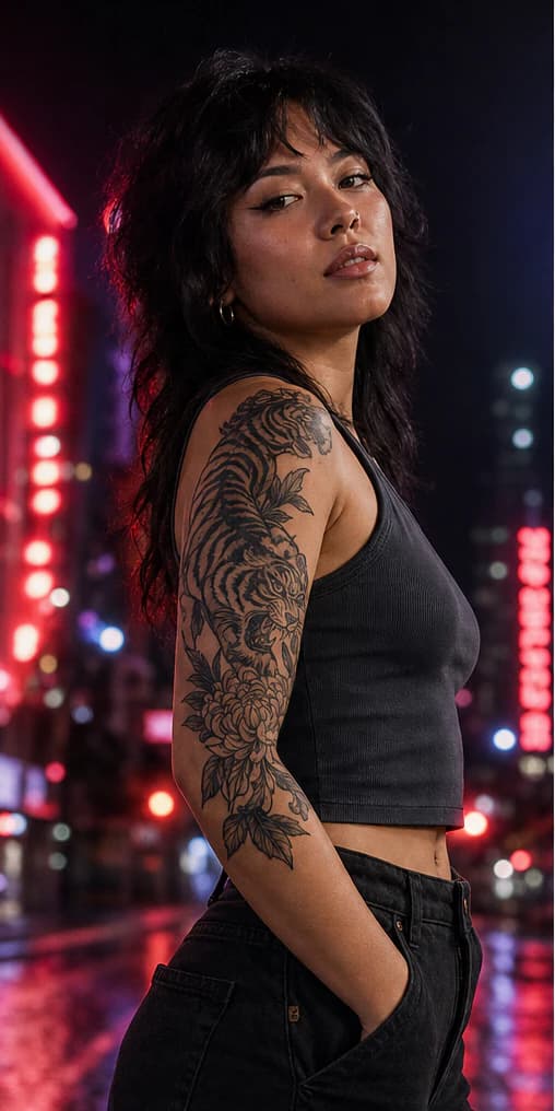 Neon after dark, exposed honestly so every tiger stripe and chrysanthemum stays readable. Traditional blackwork by Nico Alvarez at Cinder & Ink, marked on both views.

Ink credits:
1. Bold upper-arm blackwork — Nico Alvarez (@nicoalvarez.tattoo) · Cinder & Ink