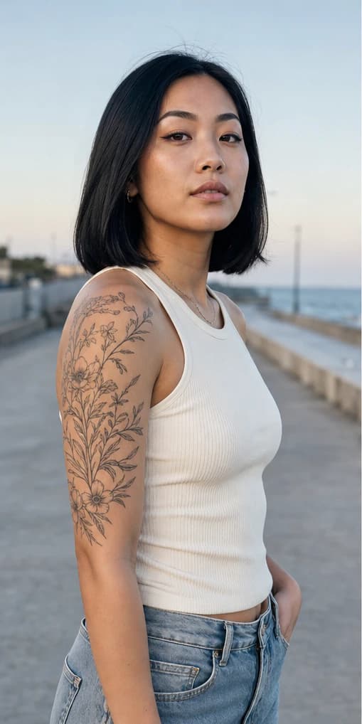 Salt air and soft boardwalk light keep every botanical line crisp. Fine-line upper-arm work by Yuna Park at Harbor Line Studio, mapped on both angles.

Ink credits:
1. Botanical upper-arm panel — Yuna Park (@yunapark.lines) · Harbor Line Studio