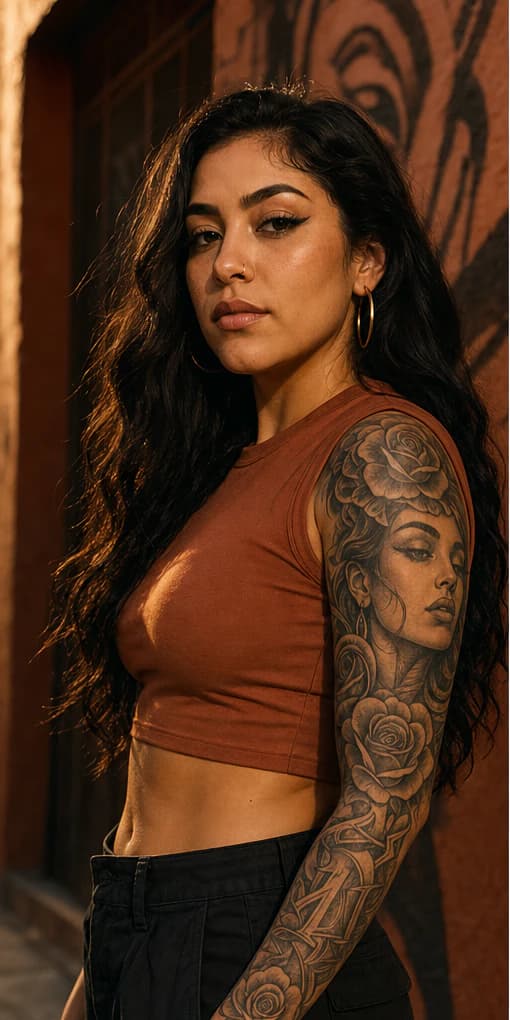 Golden-hour brick, warm skin, and a healed Chicano portrait sleeve built to hold the frame. Tattoo by Rafa Marquez at Marquez Atelier—tap either marker for placement and credit.

Ink credits:
1. Portrait upper-arm piece — Rafa Marquez (@rafamarquez.ink) · Marquez Atelier