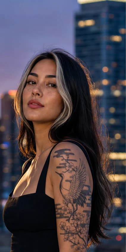 Blue hour catches the crane exactly where it moves across the shoulder. Japanese black-and-grey by Rafa Marquez at Marquez Atelier, with a precise marker on each frame.

Ink credits:
1. Crane shoulder piece — Rafa Marquez (@rafamarquez.ink) · Marquez Atelier