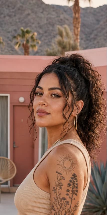 Palm Springs pink and desert light frame the sun-and-botanical shoulder piece without losing its soft grey detail. Fine line by Sol Mendoza at Lowrider Lines, tagged on both angles.
Ink credits:
1. Botanical shoulder piece — Sol Mendoza (@solmendoza.ink) · Lowrider Lines
